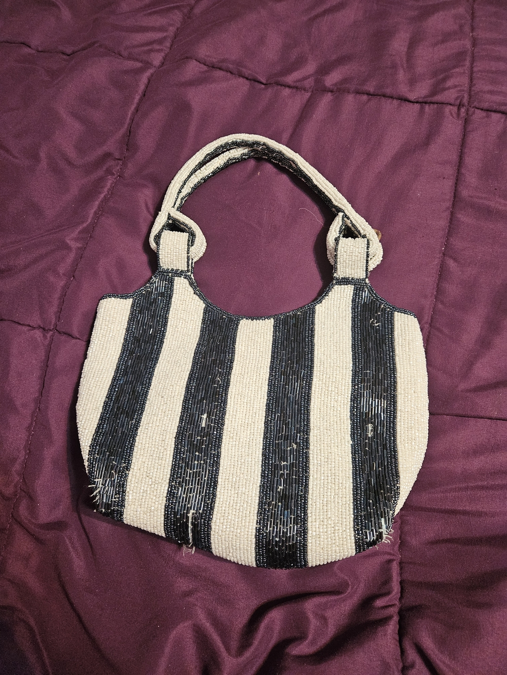 Striped Beaded Mini Tote in Black and Cream